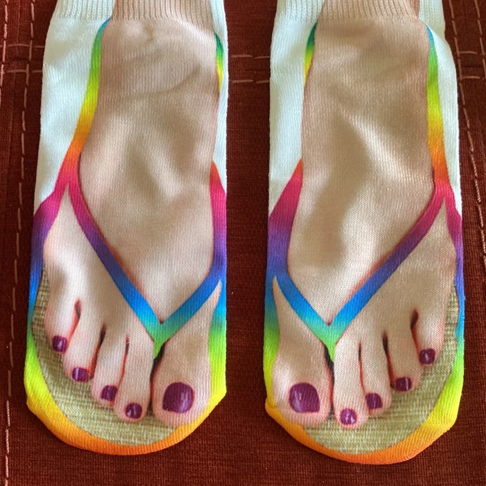 🆕FUN SOCKS: Multi-Color Thong Sandal Crew socks- Women’s size 6 to 8